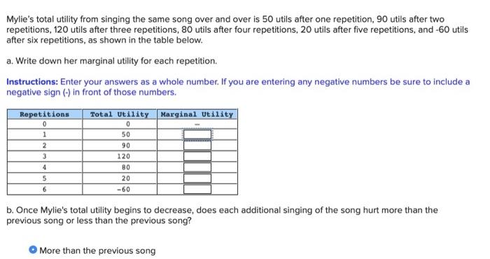 Mylie's total utility from singing