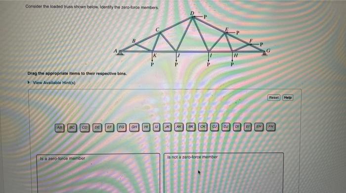 Consider the loaded truss shown below. identify the zero-force members.