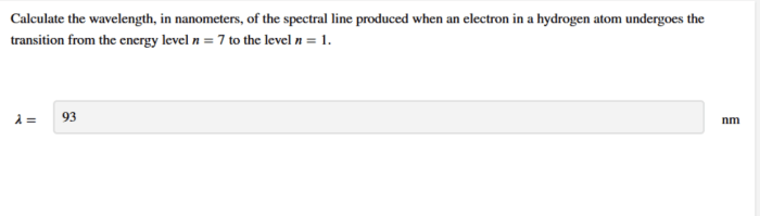 Calculate wavelength nanometers spectral electron hydrogen undergoes atom transition chegg